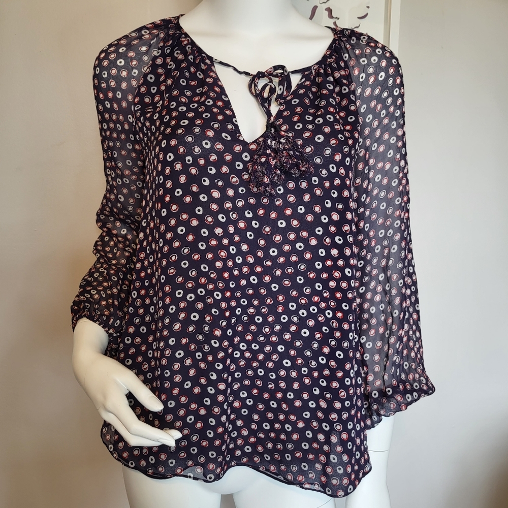 Diane Von Furstenberg blue polka-dot long sleeve sheer silk Flowy Summer blouse - Picture 4 of 15